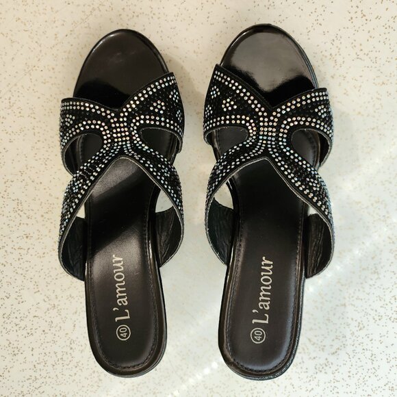 Black Rhinestone Wedge Sandals - Picture 6 of 11